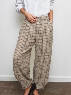 Zara ZW Collection Beige Plaid Drawstring pants size Small